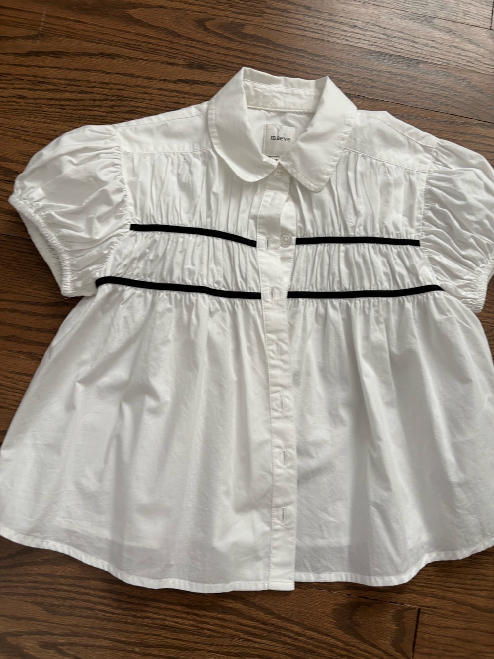 Maeve White Puff Sleeve Button-Front Blouse with Black Ribbon Accents